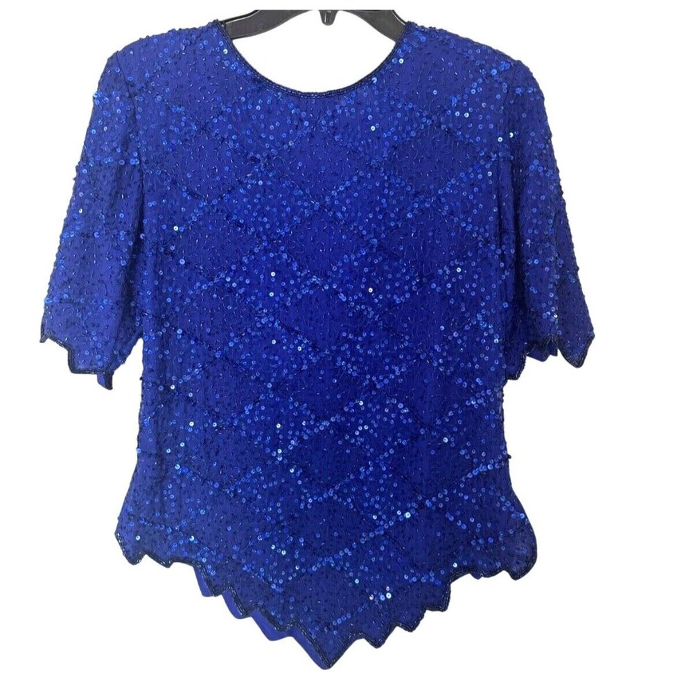 Vintage Laurence Kazar Silk Sequined Cobalt Blue Top Evening Formal Wear Party